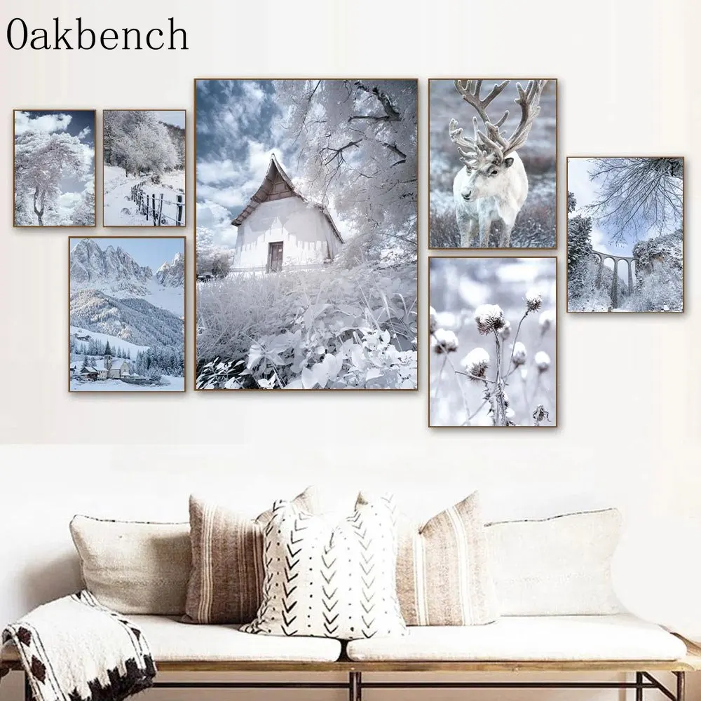 

Зимний холщовый постер с изображением домика, принты с оленями, высушенный женский постер, снежная дорога, художественные принты, скандинавские постеры, украшение спальни