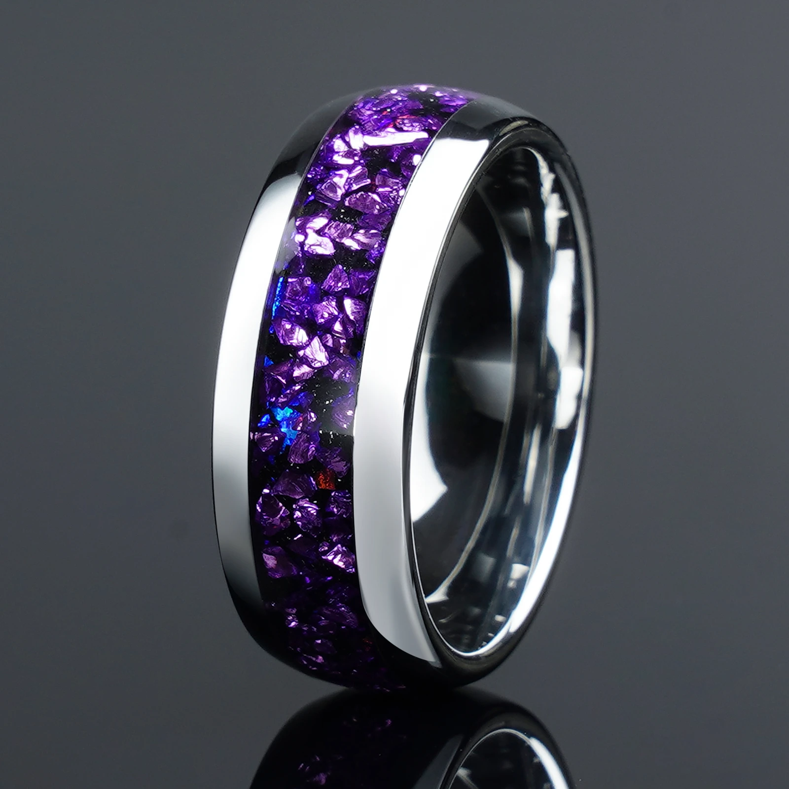 4/8mm Nebula Amethyst Silver Couple set Tungsten Ring, Wedding Engagement Band For Him And Her