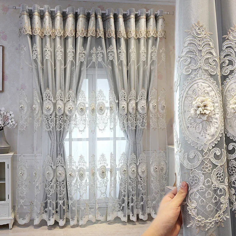 

European High-end Modern Curtains for Living Room Bedroom Balcony Gauze One-piece Blackout Double-layer Embossed Embroidery