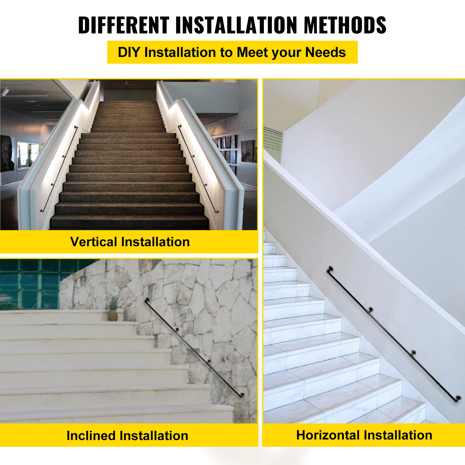Stair Handrail VEVOR Stair Handrail Outdoor Safety Handrailings Loadable Staircase Hand Rail Stairway Straight Grab Support Round Corner Wall