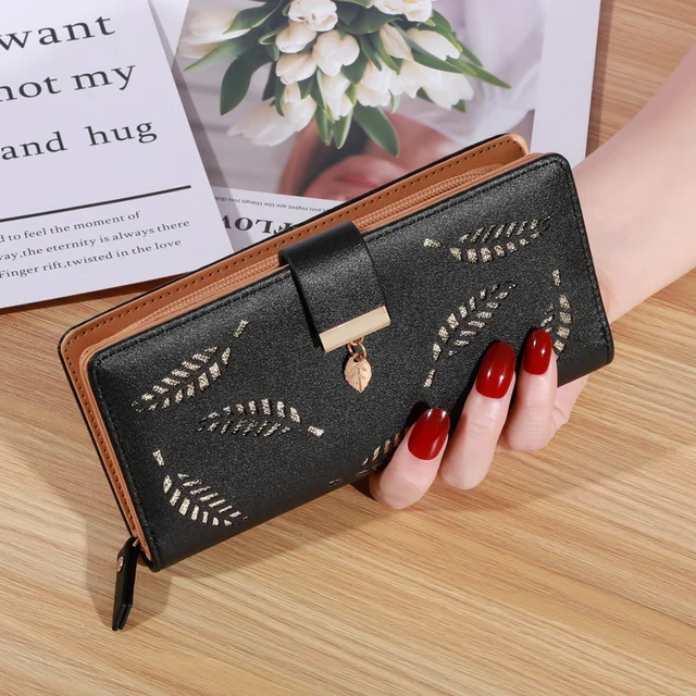 Portefeuille long en cuir PU pour femme, sac à main en poudre de feuilles creuses dorées, porte-monnaie, porte-cartes, pochette pour femme 1
