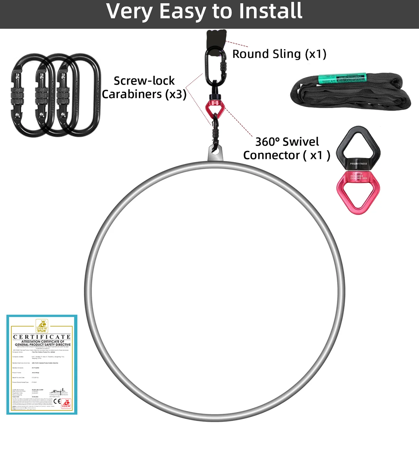 90cm 25mm Aerial Hoop Lyra Set Professional Lyra Hoop with Rigging Heavy Duty Safety Accessories for Circus Performance Studio