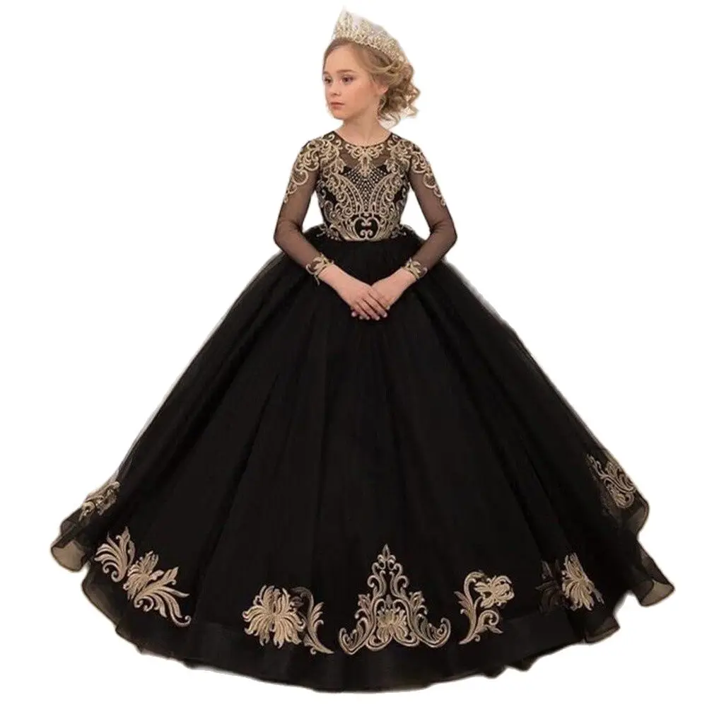 

Glod Lace Black Elegant Flower Girl Wedding Dress 3/4 Sleeve Princess First Communion Dresses Dance Party Kids Gowns