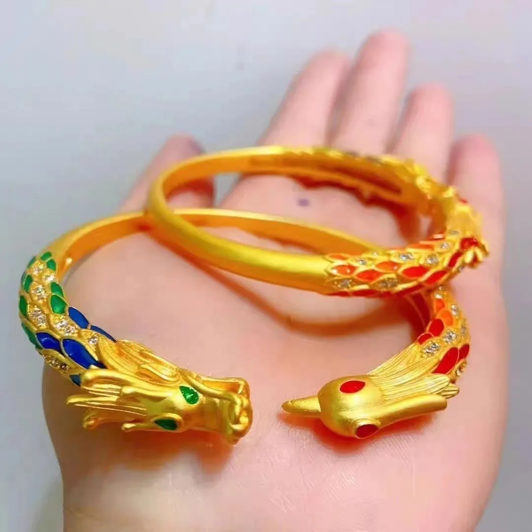Vintage Palace Adjustable Bangles Ladies Enamel Dragon Phoenix Auspicious Cuff Bracelet Wedding Festival Party Jewelry