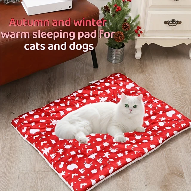 Christmas Thickened Pet Bed Mat - Cozy Red Cartoon Print Cat & Dog Bed, Durable Polyester for Pets, Holiday Home Decor, Pet Bed 4