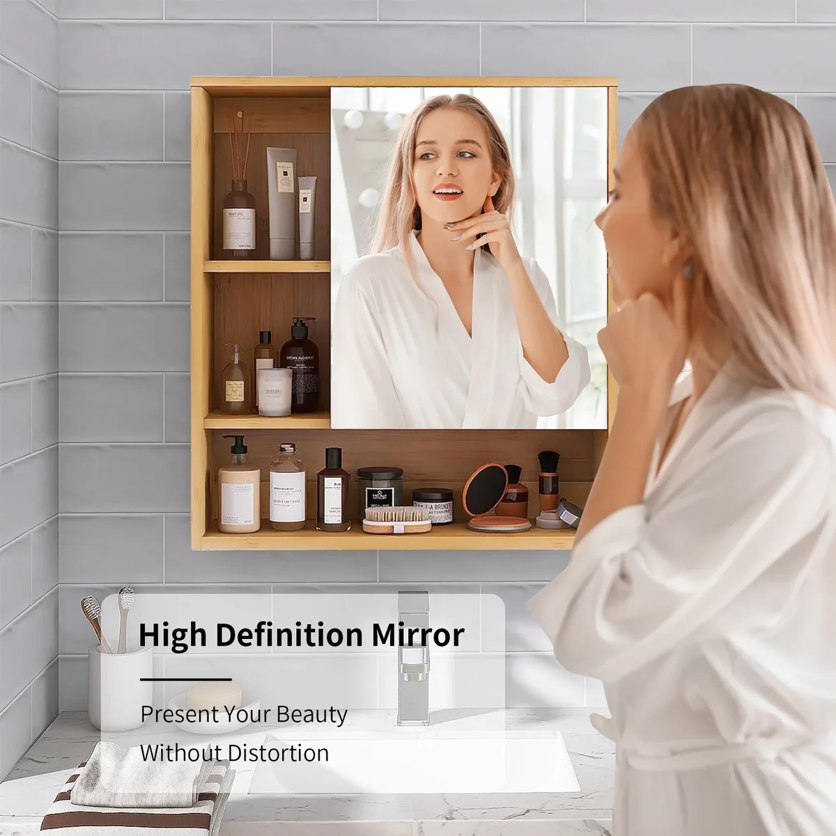 Wall Mounted Medicine Cabinet with Mirror, Natural Bamboo Bathroom Storage Cabinet, Adjustable Shelves for Bathroom, Bedroom