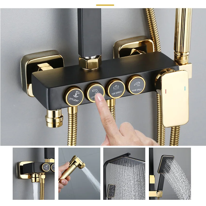 KEMAIDI Black Gold Shower Faucet Set Bathtub  4-way Mixer  Tap with Bidet and Shelf  Bathroom Rainfall Shower Systerm Wall Mount 5