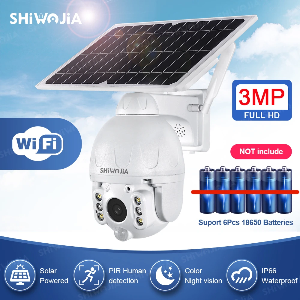 SHIWOJIA Solar Panel Camera Wifi Version PTZ 4X 3MP Outdoor Security Wireless Monitor Waterproof CCTV Smart Home Surveillance