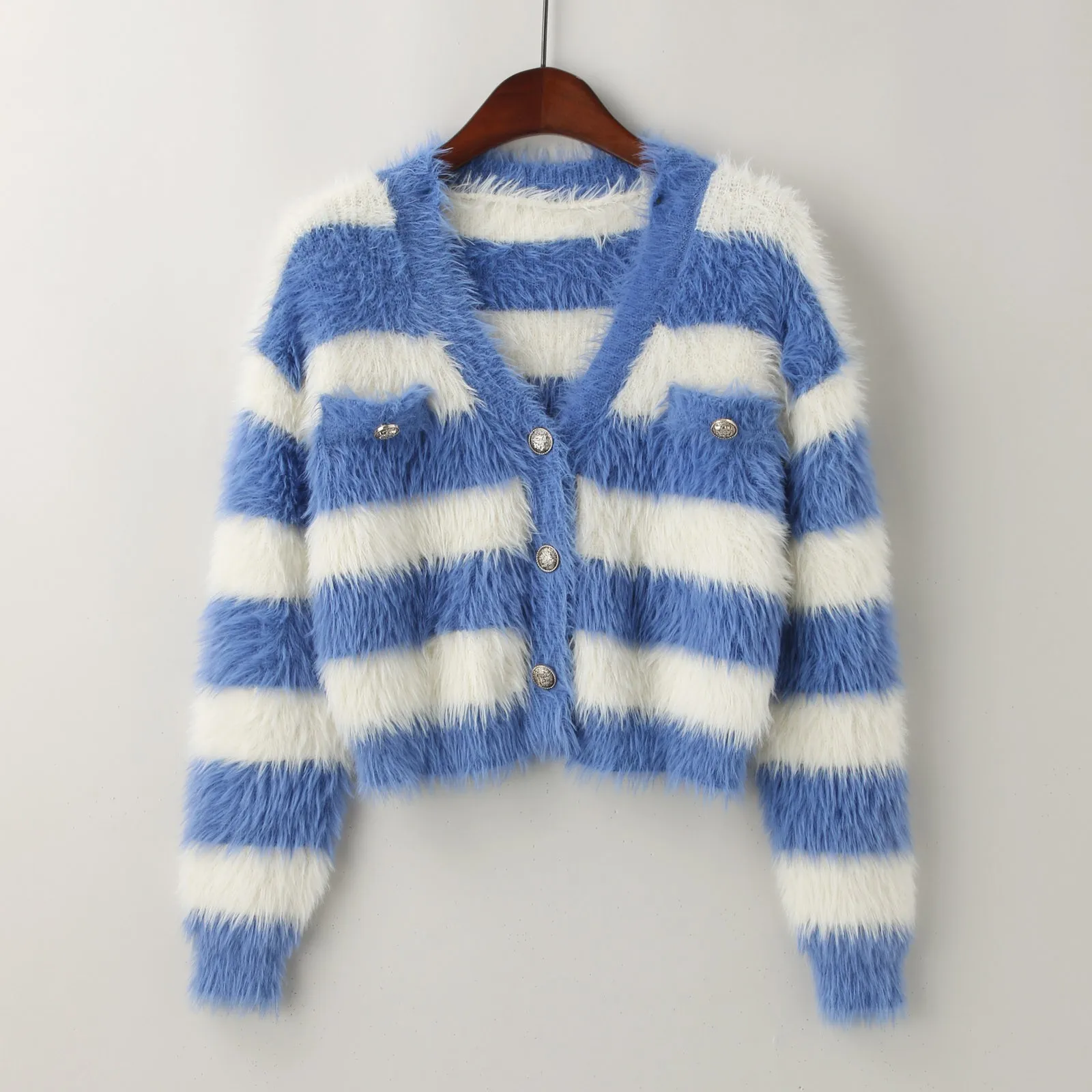 

Women's New Cardigan Sweaters 2023 Long Sleeve V Neck Button Stripe Knit Open Front Sweater Female Coat