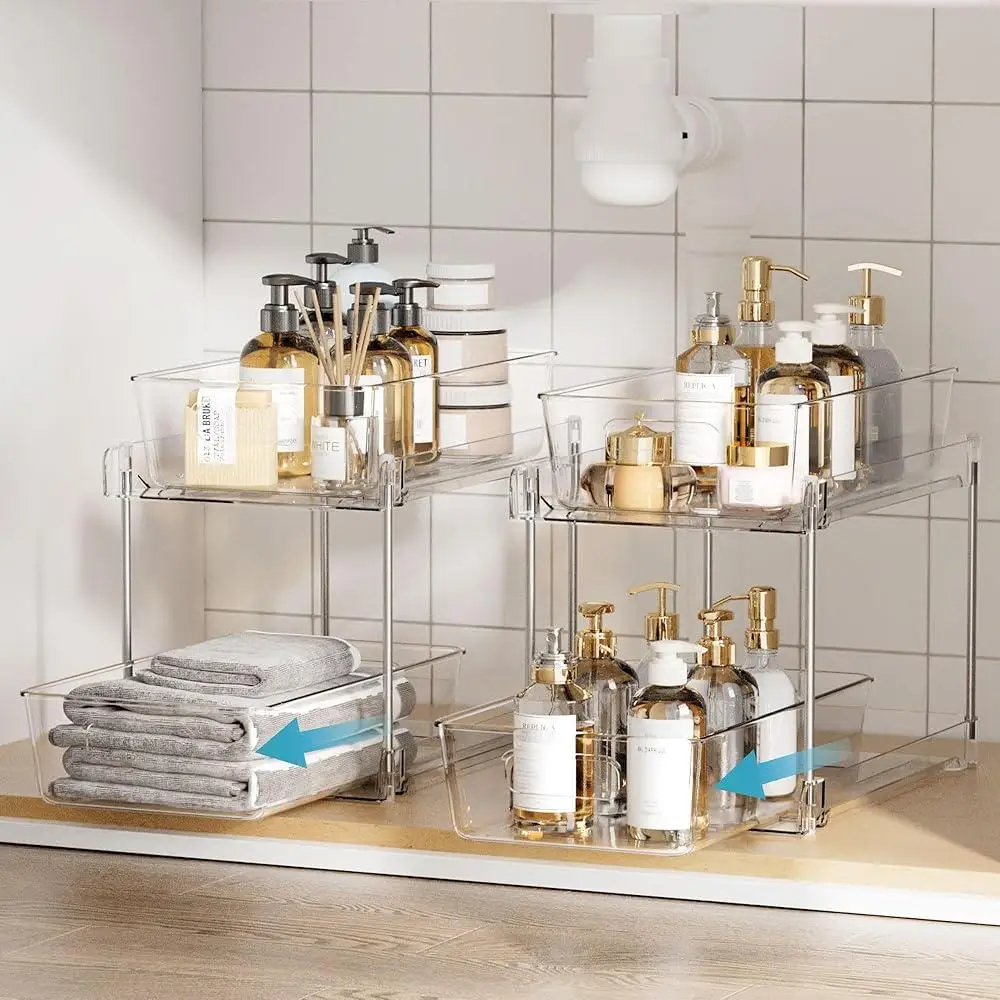 2 Tier Bathroom Organizer Under Sink Storage Clear Container Pull Out Bins Vanity Countertop Drawer Kitchen Pantry Cabinet 5