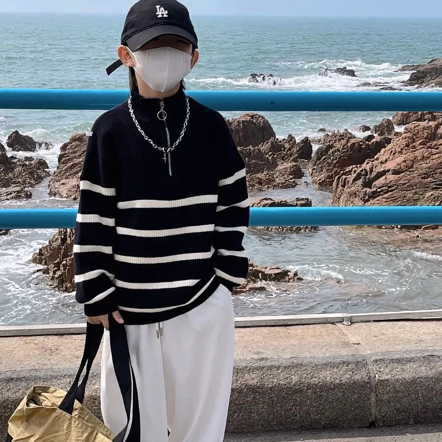 남아 가을 니트 스웨터, 세련된 트렌디 베이비 스트라이프 베이스레이어 탑, 중소 아동용, 새로운 2024 모델