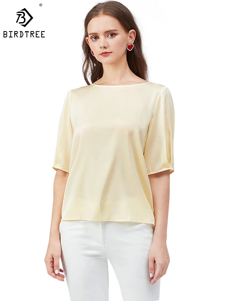 

Birdtree 19MM 100%Real Silk Elegant Fashion T-shirt Women's O-Neck Short Sleeve Casual Simple Commute Top Spring Summer T3D641QM