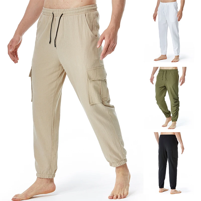 MensSummerLinenCottonCasualLooseTrackCargoPantsLightweight