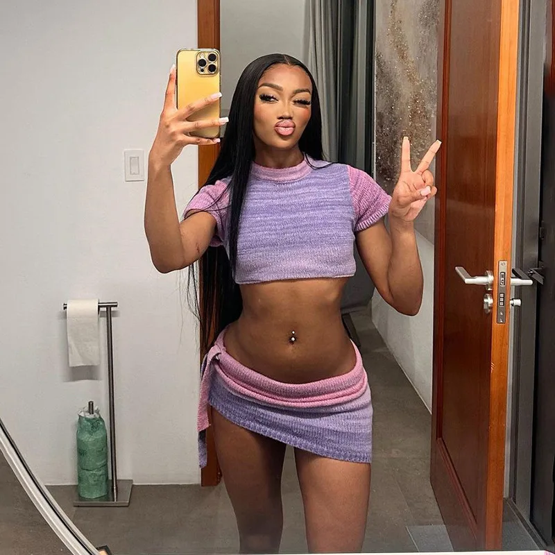 Gradient Knit 2 Piece Set Women 2024 Summer New Fashion Purple Short Sleeve Crop Tops Shirring High Waist Mini Skirt Streetwear