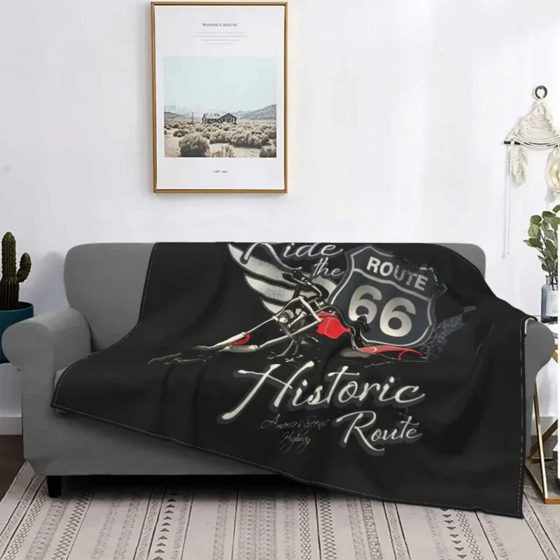 

Travel Motorcycle Ride The Historic Route 66 Blanket Mother Road American Retro Oldschool Fleece Soft Throw Blanket for Coverlet