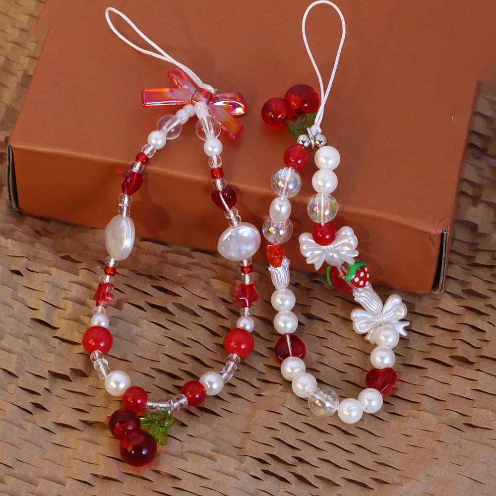 Trendy Red Cherry Bowknot Pearl Phone Charm Bracelet Keychain Strap