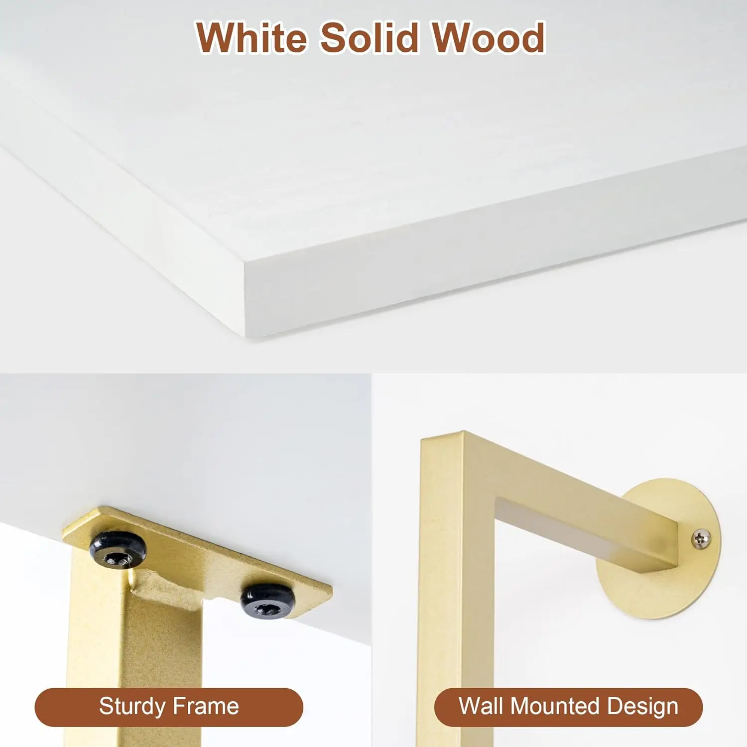 5-Tier Bookshelf. Solid Wood Narrow Bookcase Set of 2. Wall Mount Ladder Shelf. White and Gold.