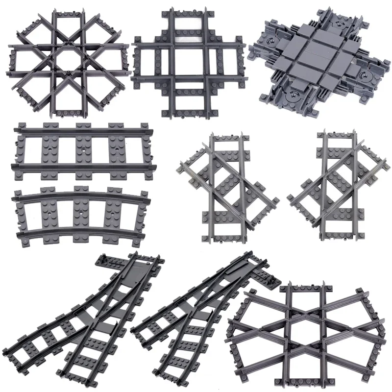 MOC Stadt Zug Schiene Kreuzung Flexible Gleise Gabelte Gerade Gebogene Schienen Schalter Baustein Ziegel Kreative DIY Spielzeug