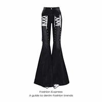 ZHIZOU Women Academia Goblin Core Harajuku Y2K Low Rise Lace Jeans Abi Denim Flare Pants Bell-Bottom Vintage Y2k Goth Gyaru Kpop