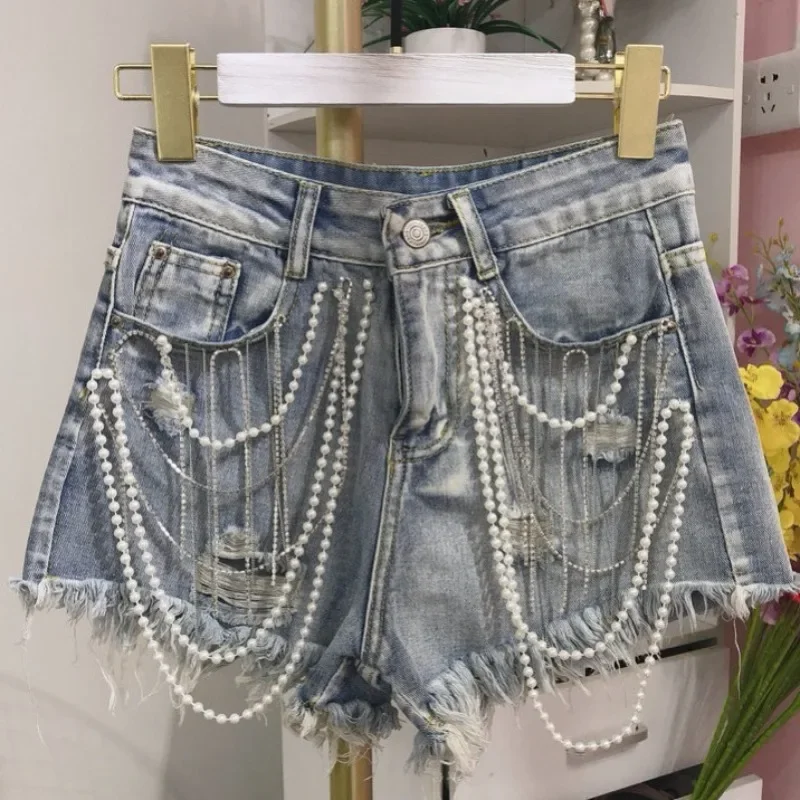 

Heavy Jeans Women Denim Beading Shorts Summer New European Station Tassel Pearl Pendant Raw Edge A-line Wide-leg Pants