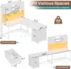 White L Shaped Office Desk, Farmhouse Home Office Desk with Fabric File Drawers and Power Outlet, Corner Gaming Desk with LED 2