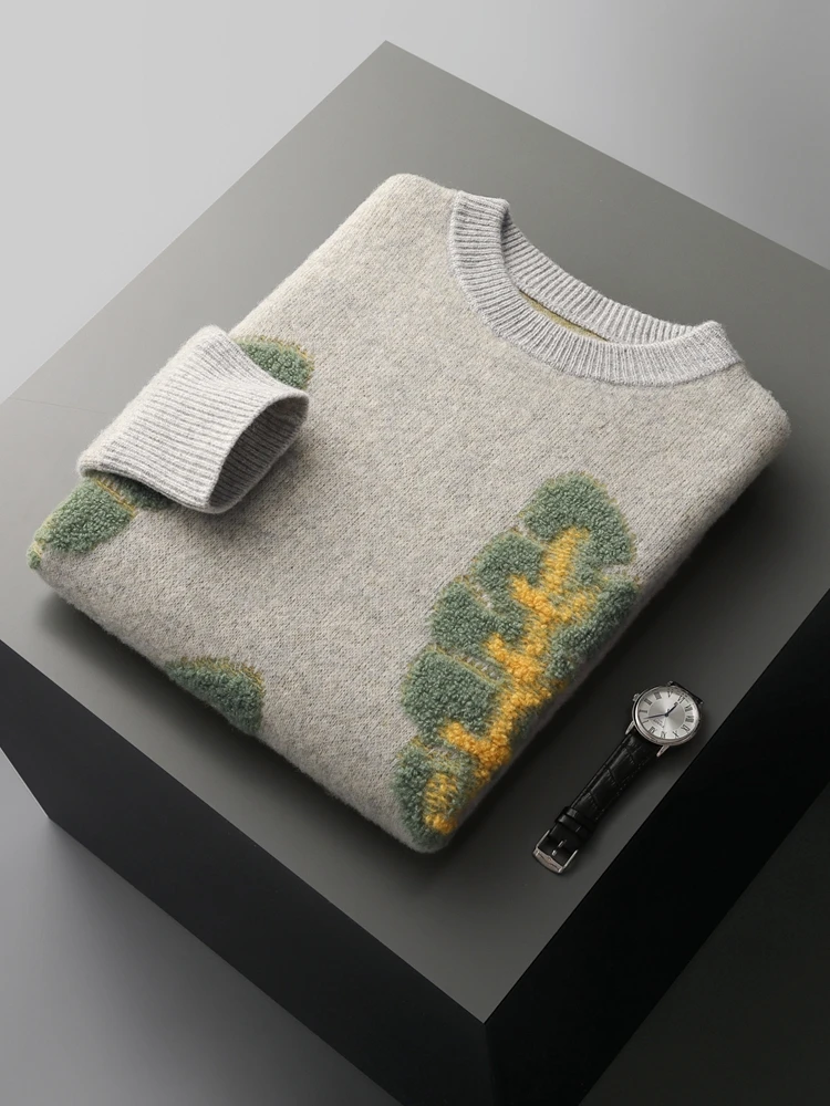 Jacquard Autumn Winter New Cashmere Sweater Men's Round Neck Pullover 100% Merino Wool Knitted Casual Fashion Retro Thicken Top 3
