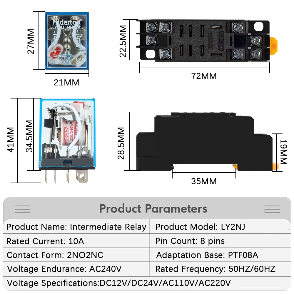LY2N-J 24VDC DPDT 10A 8-Pin Plug-in Relay, LED/Test Button - Foto 3