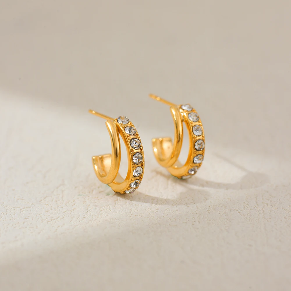 Double-layer C-shape Hoop Earrings for Women Small Round Zircon Huggie Earring Party Gifts Wedding Jewelry Accessories Bijoux