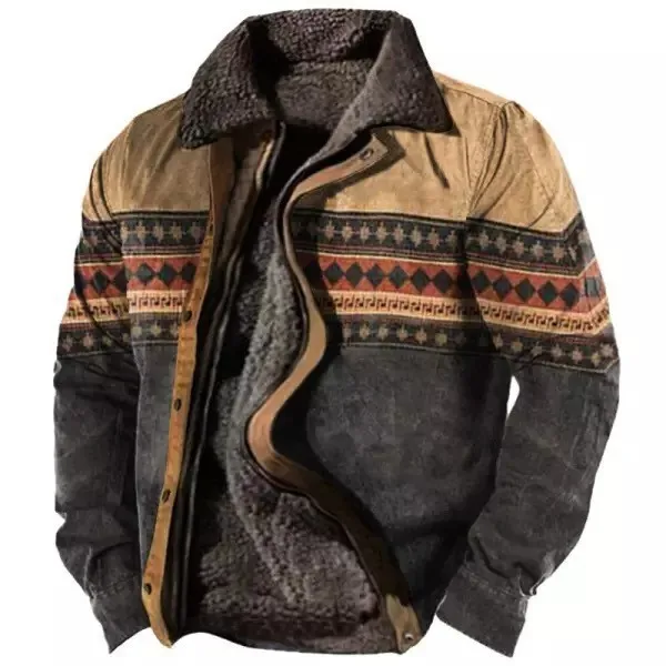 2024 Winter Warm Jacket Coats Men's Western Aztec Vintage Print Sherpa Fleece Lined Jackets Casual Zipper 52