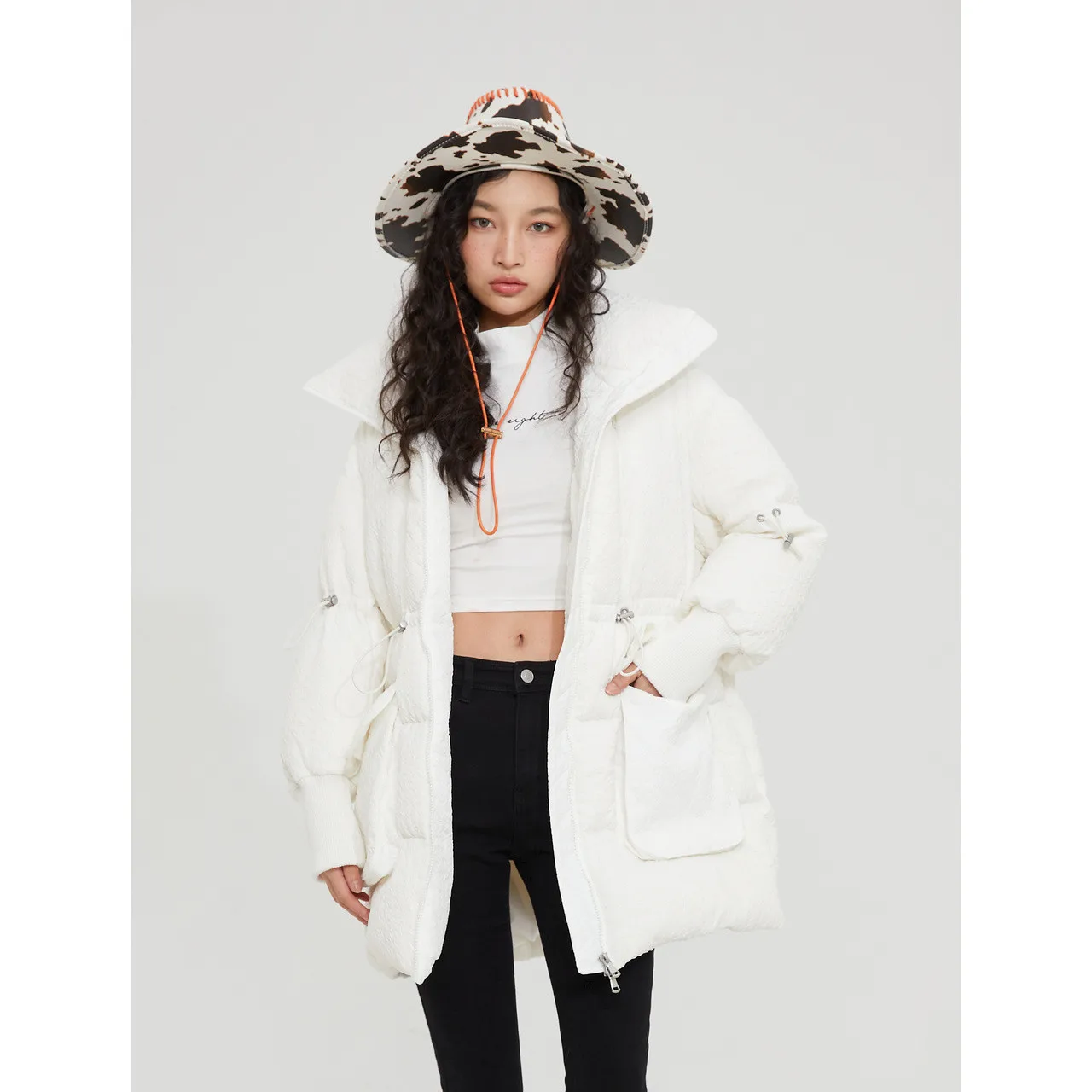 Metersbonwe Women's Winter Adjustable Waist Loose Duck's Down Jackets Solid Color Stand Collar Medium-Length Ladies Warm OutWear