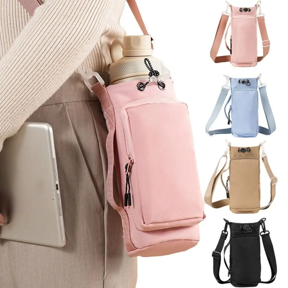 Bolsa para Garrafa de Água com Alça Ajustável e Bolso para Celular, com Chaveiro e Botão de Montanhismo, Bolsa para Copo Térmico