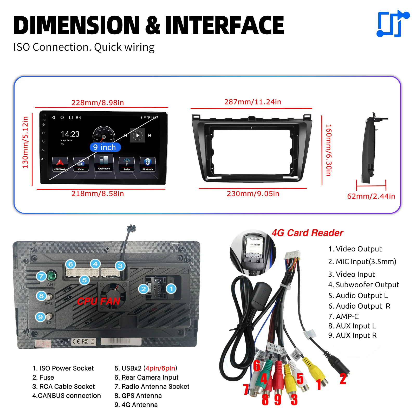 ESSGOO Autoradio Android 15 9" 4+64G / 6+128G / 2+32G für Mazda 6 GH 2007-2013 Wireless CarPlay Android Auto GPS Navigation RDS FM WiFi Bluetooth Mirror Link Touchscreen Lenkradsteuerung CANBUS – Detail 9