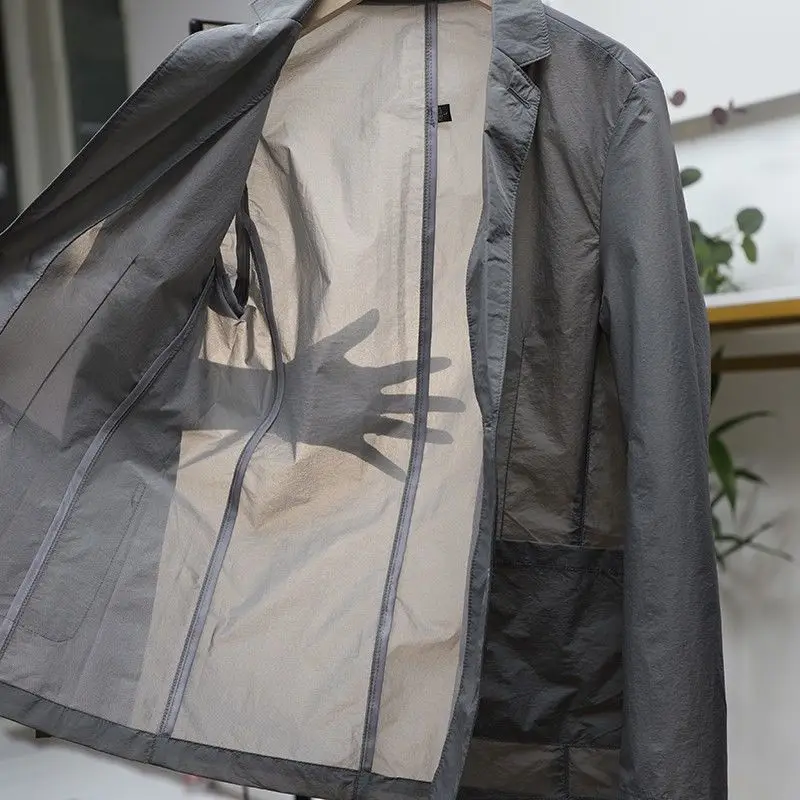 2023 New Black Suit Men Business Office Sunscreen Spring Summer Trench Coat Thin Suit Slim Brand Casual Long Sleeve Jacket