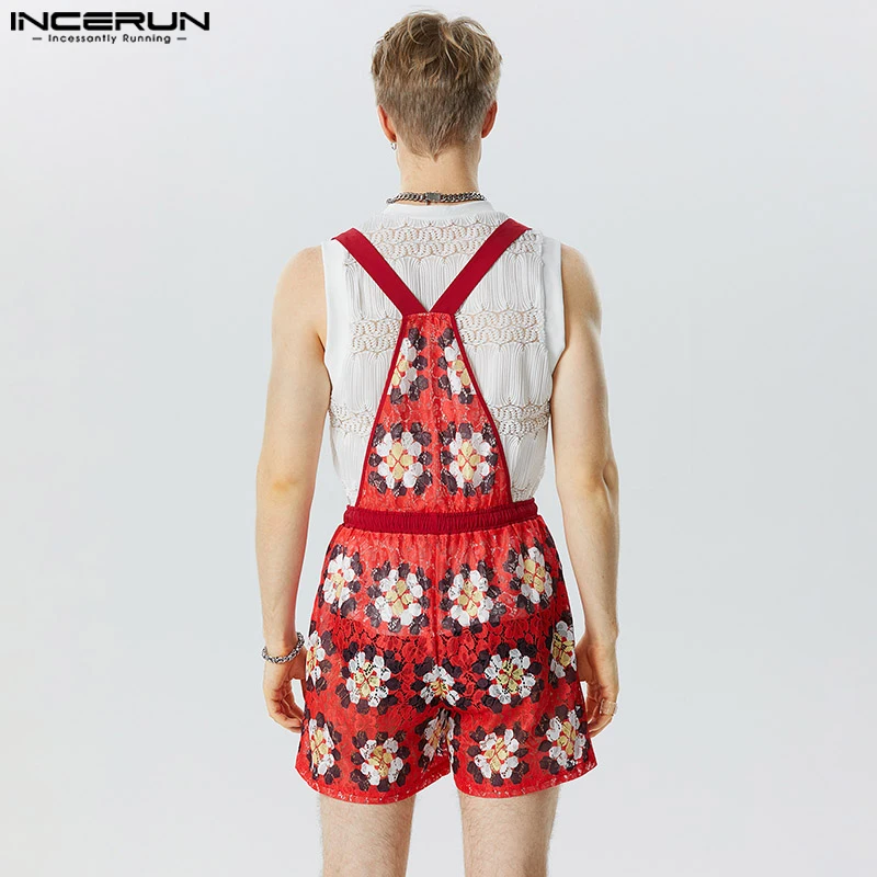 Stylish Casual Style Shorts INCERUN Men's Tracery Lace Printing Rompers Sexy Male Party Shows Hot Selling Shorts Jumpsuits S-5XL
