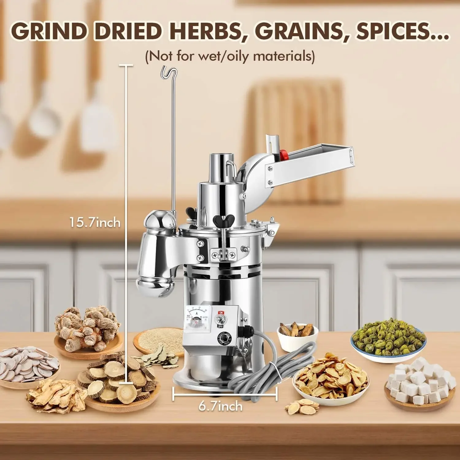 Hammer Mill Grinder Electric 1200W Continuous Herb Grinder, Capacity 6.6-33 Lbs/H, with 6 Sieve Meshes, Commercial G