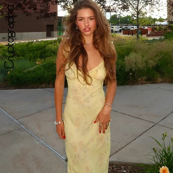 Abito lungo con stampa floreale estiva crittografica Abiti sexy senza schienale da fata Abiti da sole per le vacanze Beachwear Vestido Coquette