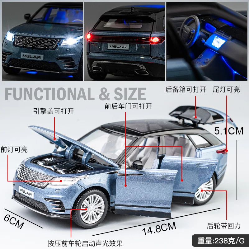 1:32 랜드 레인지 로버 Velar 합금 자동차 모델 다이 캐스트 및 장난감 금속 차량 장난감 자동차 모델 높은 시뮬레이션 사운드 라이트 키즈 장난감 선물