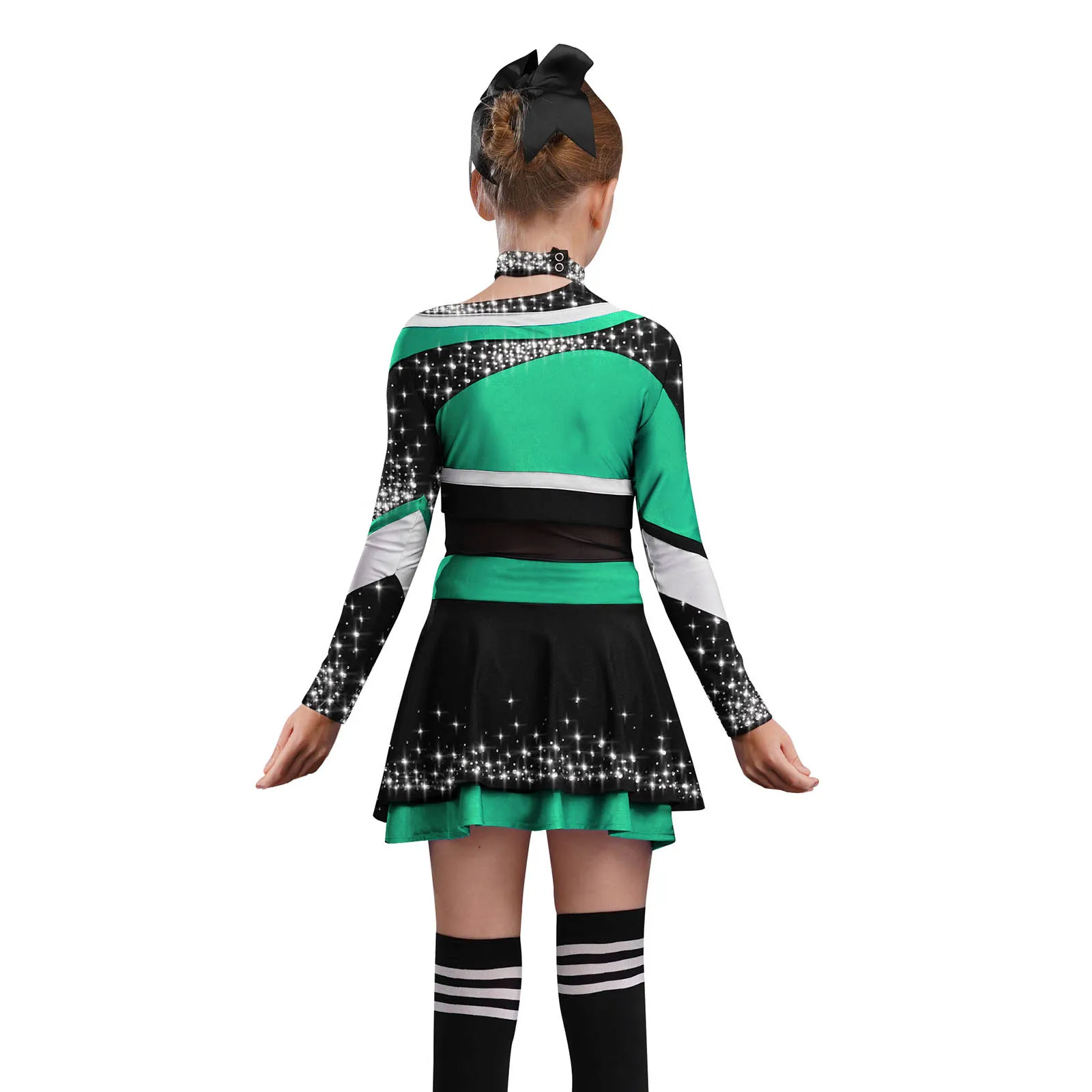 Cheerleading-Outfits für Kinder und Mädchen, Cheerleader-Tanz-Performance-Kostüm, langärmlig, mit Buchstaben-Aufdruck, glänzendes Strass-Oberteil mit Rock – Detail 8