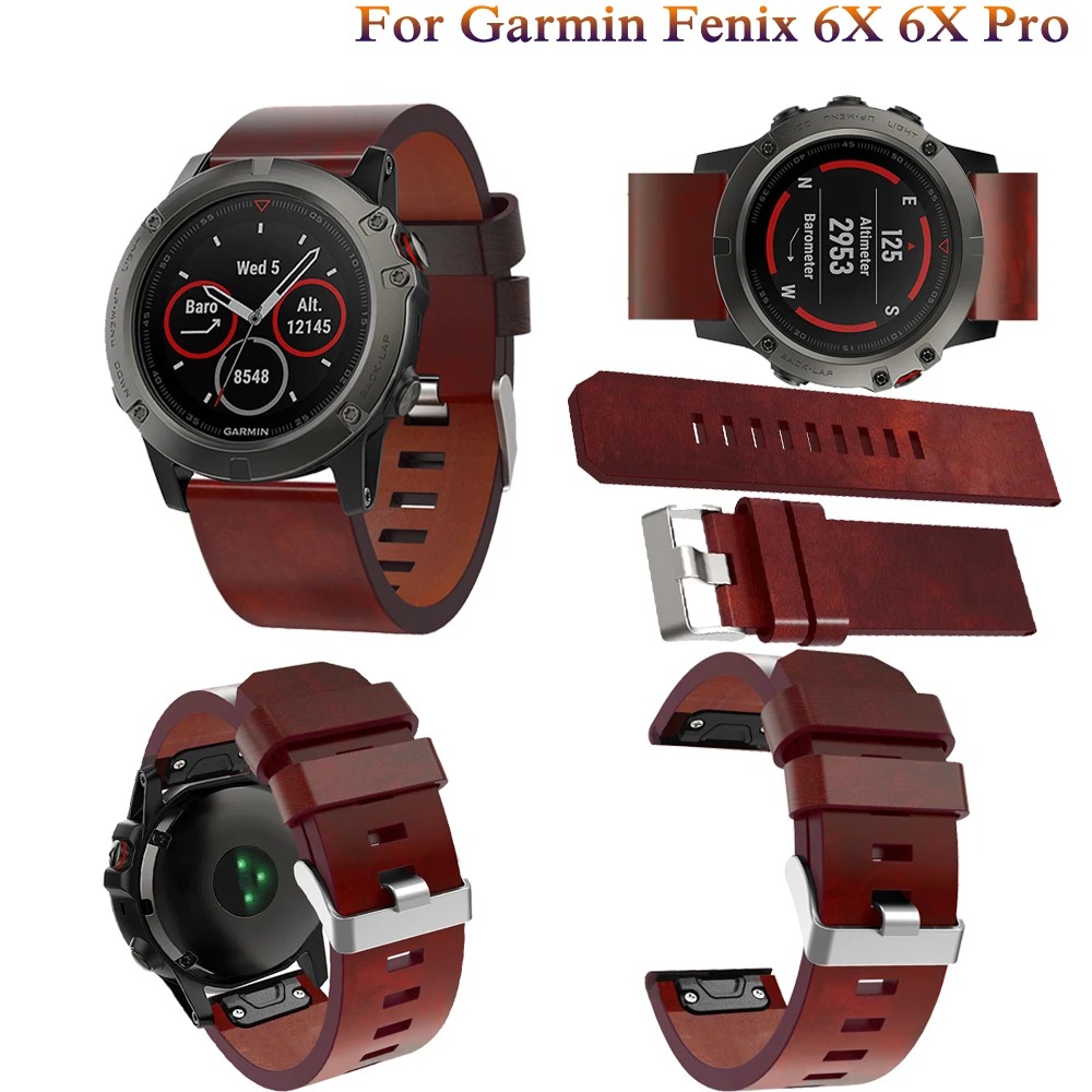 26mm Flat Tail Leather Belt For Garmin Fenix 6X Business Luxury Quick