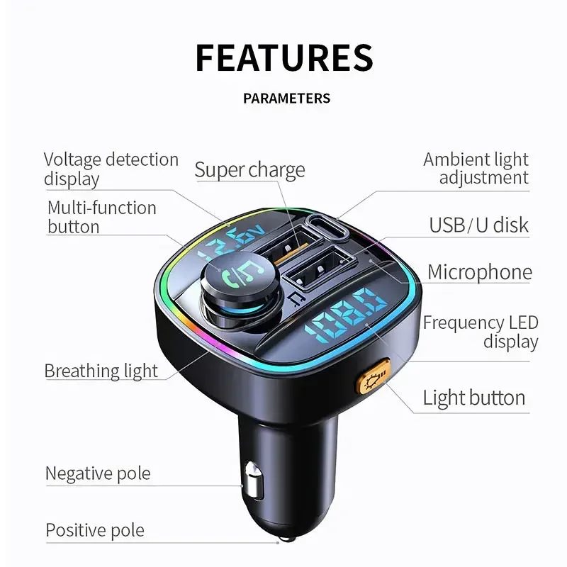 Car Bluetooth MP3 Player Hands-free Bluetooth Call Lossless Sound Quality PD/QC3.0 Fast Charging Car MP3 Acetaldehyde USBCharger