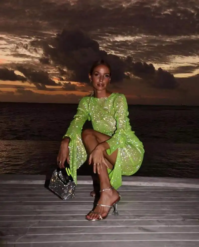 Sexy See Though Shiny Silk Dress Pink High Waist Slit Slim Fit Long Party Dresses Fashion Solid Sequins Elegant Dress for Women