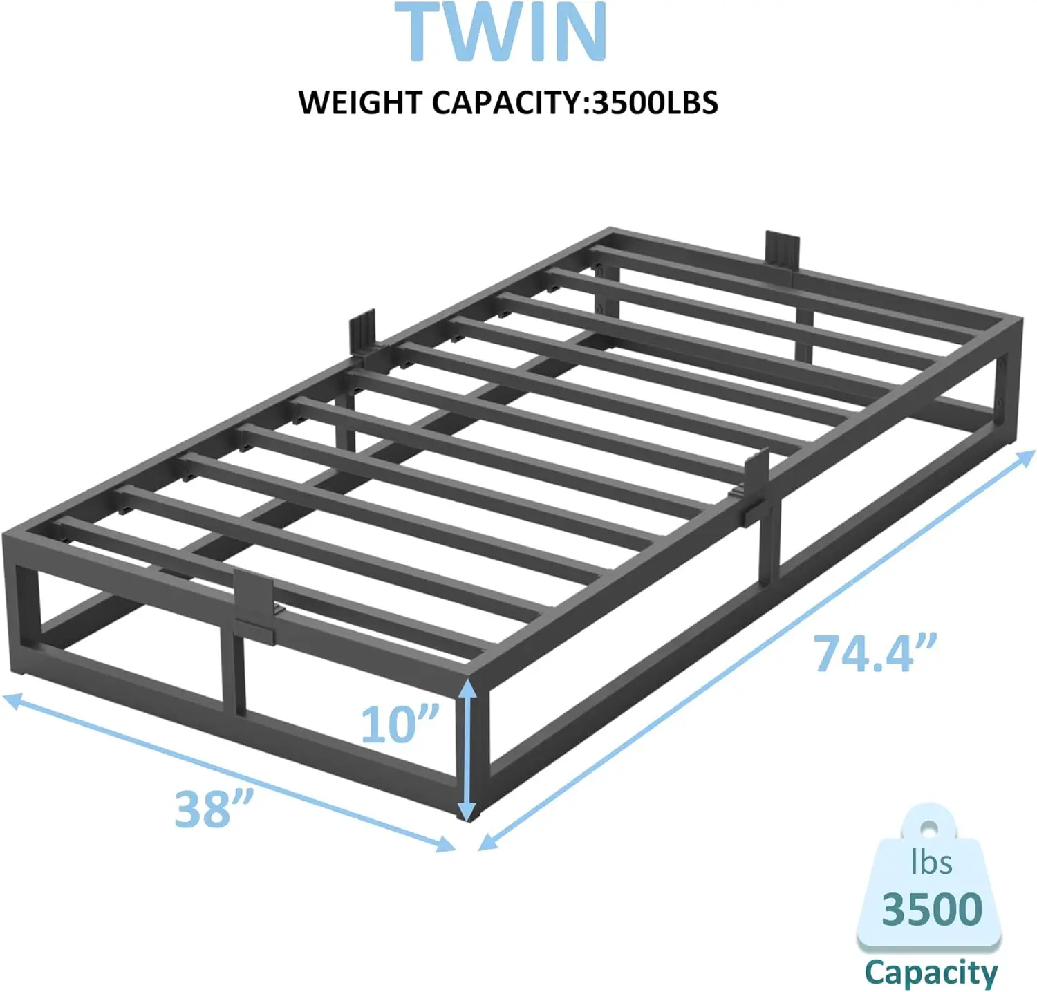 10" Twin Bed Frame. Steel Slat Support. Low Profile. No Box Spring. Easy Assembly. Noise Free.
