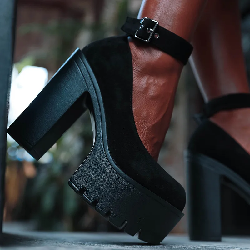 

13cm Ultra-high Heels Woman Thick Heel High-heeled Shoes Waterproof Platform Shoes Black Ankle Strap Sexy Pumps 34 43