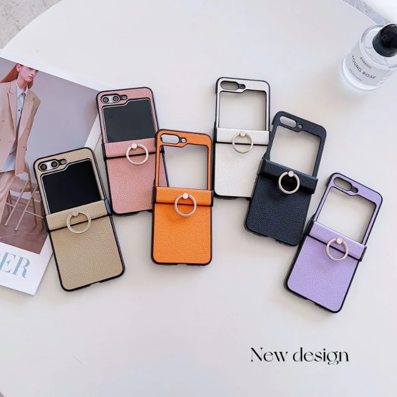 Litchi Patterned Leather Phone Case with Ring Holder and Shockproof Design