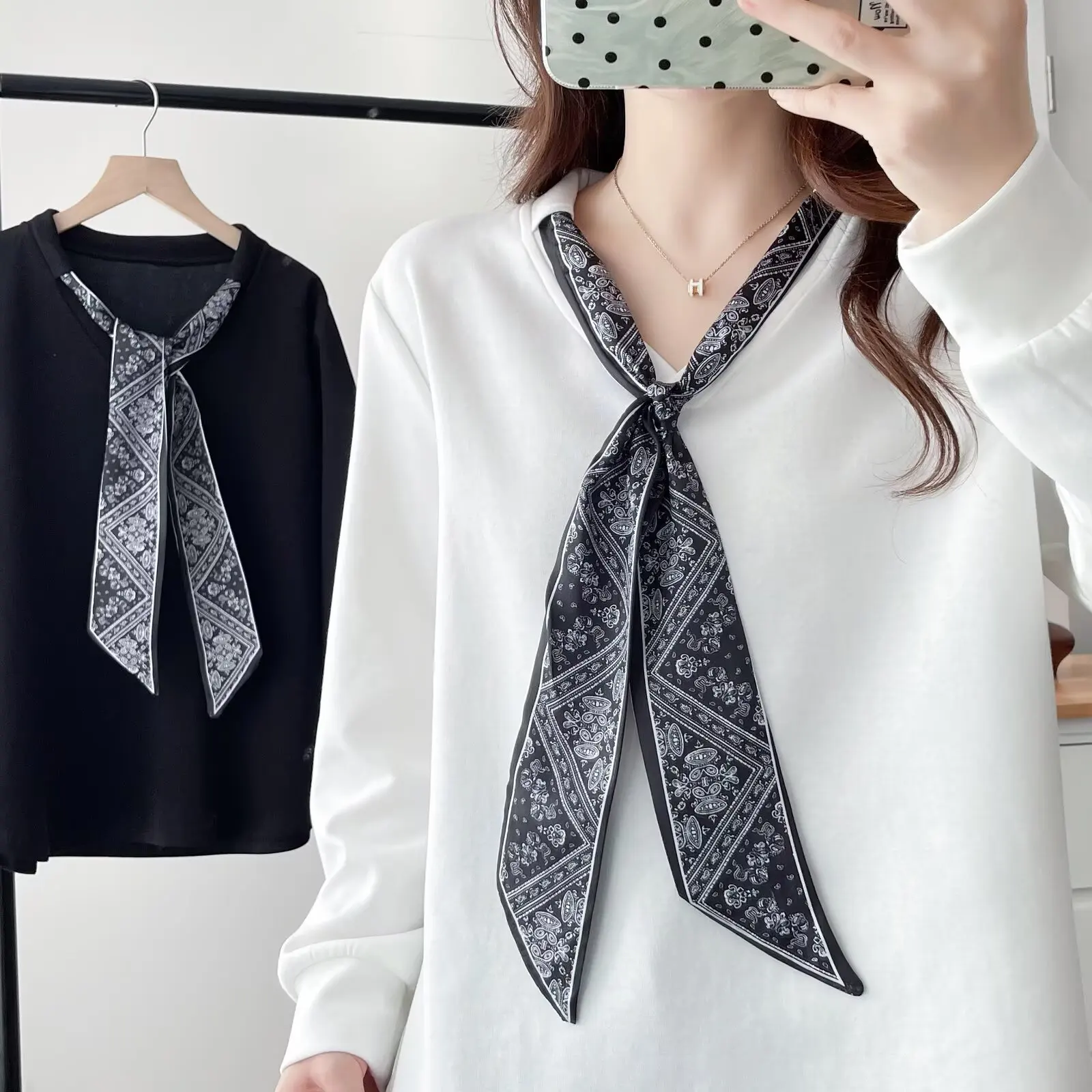 Fashion Plus Size Women's T-Shirt Autumn Style V-neck Silk Scarf Tie Long Sleeve Tops 308