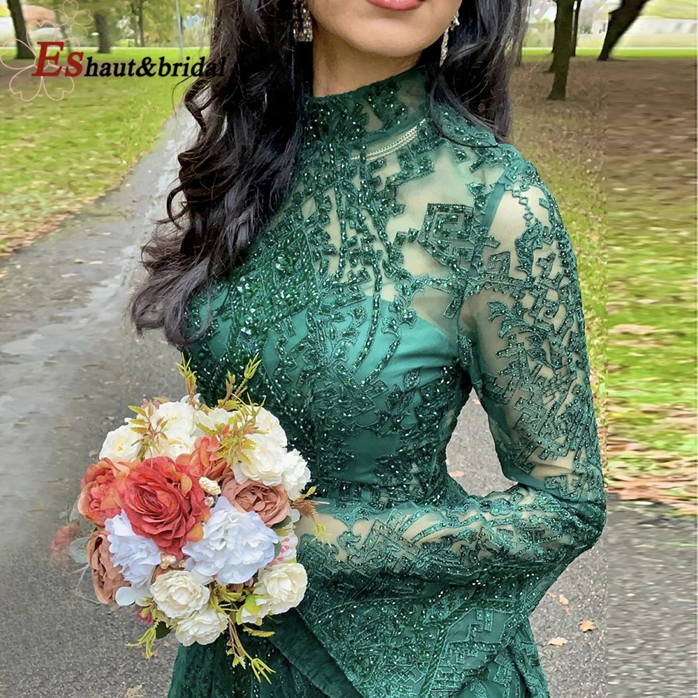 Elegant Muslim Emerald Green Evening Night Dresses 2023 High Neck Crystal Lace Long Sleeves Aline Formal Prom Wedding Party Gown