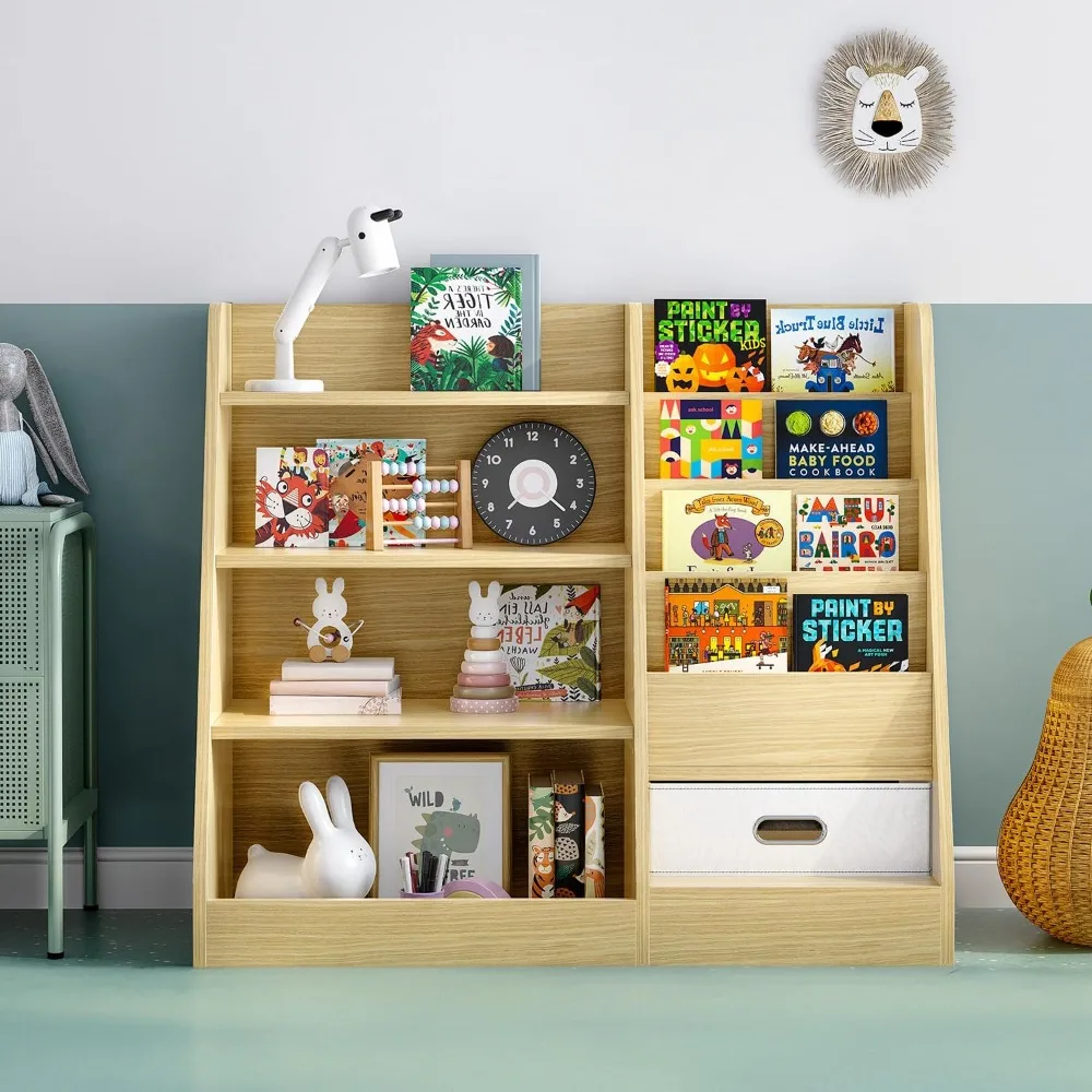 4 tier kids wooden bookshelf with drawer, five layer sling children bookcase, baby storage book rack, book and toy organizer ca