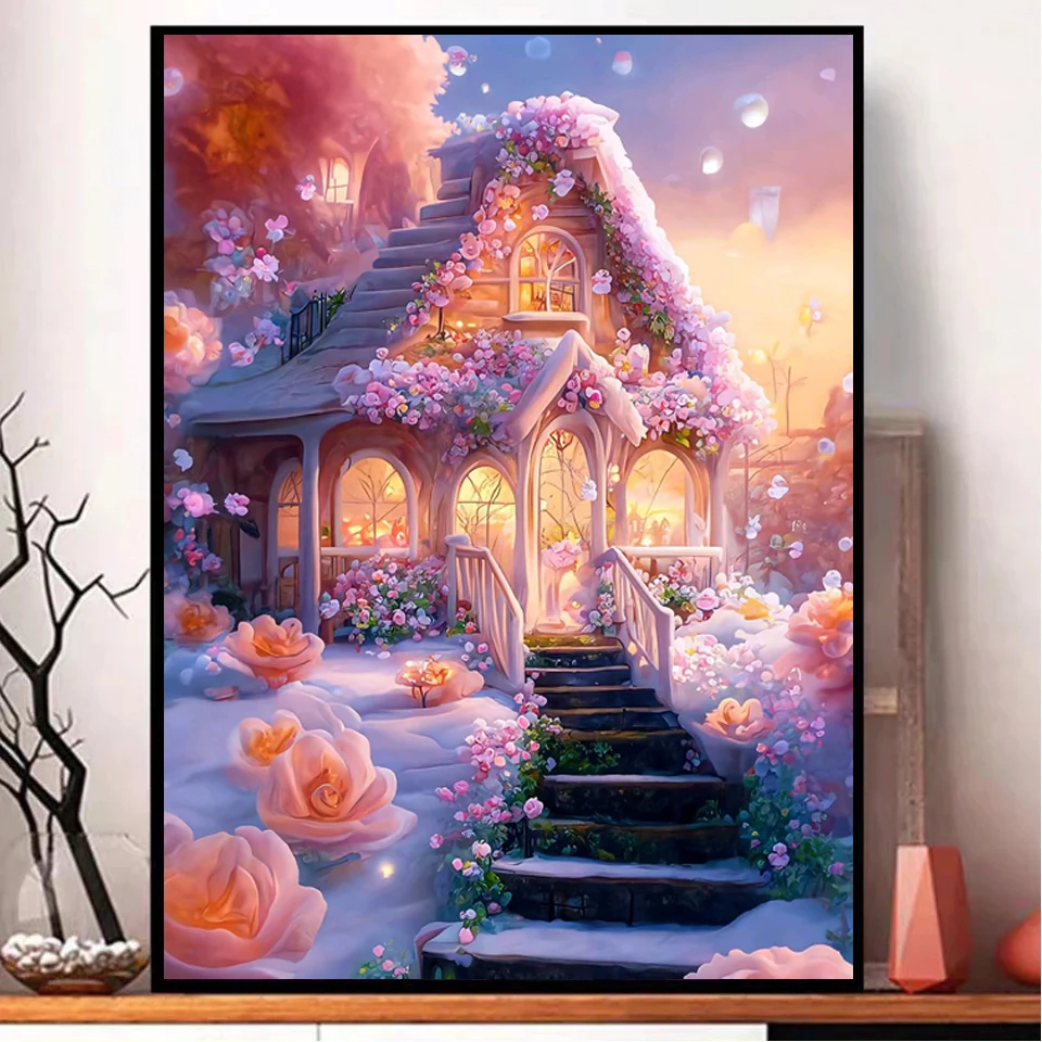 Pintura de diamantes 5D DIY, paisaje de Casa de muñeco de nieve de Navidad,  punto de cruz, bordado de diamantes, mosaico romántico, Luna rosa, diamantes  de imitación W1