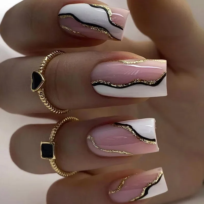 24 Stück Künstliche Nägel – Französische Ballerina-Form Mit Glitzer & Strass, Inkl. Kleber & Feile, Für Frauen & Mädchen