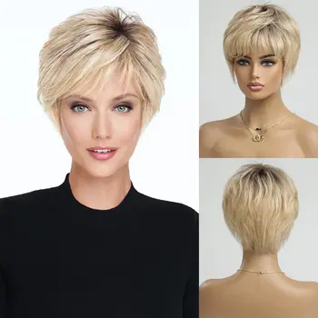 100% parrucche per capelli umani Remy Ombre bionde corte Bob Pixie Cut parrucca fatta a macchina con frangia parrucche a strati naturali per capelli umani per le donne